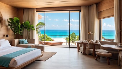 Obraz premium The interior of the hotel room with a view of the ocean for a beach holiday and travel