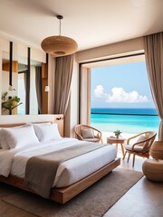 Obraz premium The interior of the hotel room with a view of the ocean for a beach holiday and travel