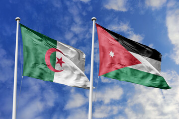 3d illustration. Algeria and JordanFlag waving in sky. High detailed waving flag. 3D render. Waving in sky. Flags fluttered in the cloudy sky.