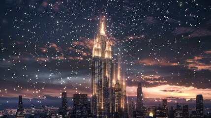 A majestic skyscraper towering above the city skyline, its facade adorned with sparkling lights that shimmer and shine against the backdrop of the night sky.