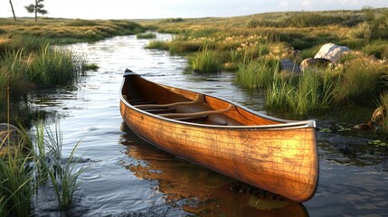 Obraz premium A wooden canoe is floating in a river