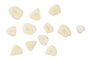 Top view set of garlic slices or pieces scattered isolated with clipping path in png file format