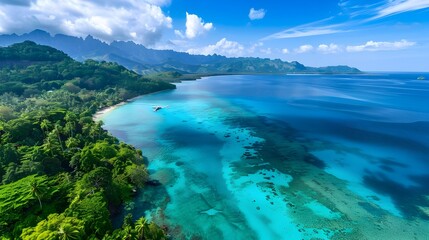 Breathtaking Aerial View of Idyllic Tropical Paradise with Crystal Clear Turquoise Waters and Lush Palm Tree Canopy
