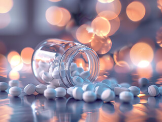 Poured out pillbox with lots of pills. Concept of antidepressant medicine. Blurry background. - obrazy, fototapety, plakaty