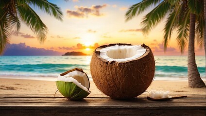 Obraz premium Juicy coconut halves Illustration on a tropical beach against the background of the sea - cocktail, refreshing coconut milk