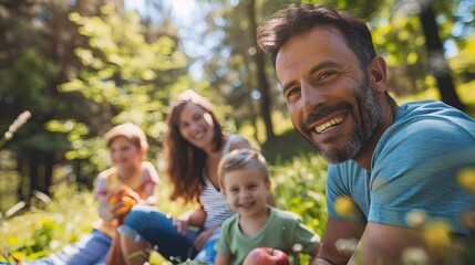 Fototapeta premium Cheerful Family Enjoying Picnic in Lush Green Park on Sunny Day