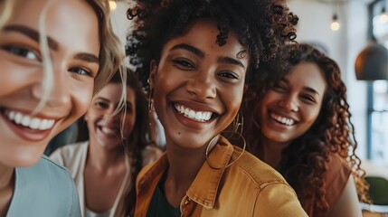 Obraz premium Diverse group of smiling young professionals collaborating in a modern office space