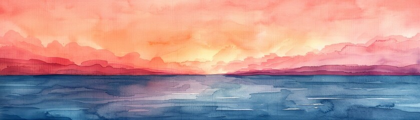 An abstract watercolor captures a serene horizon with gentle pastel hues, exuding peace and calmness