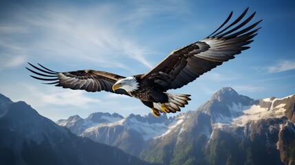 Fototapeta premium Majestic Bald Eagle Soaring Through Rugged Mountain Landscape
