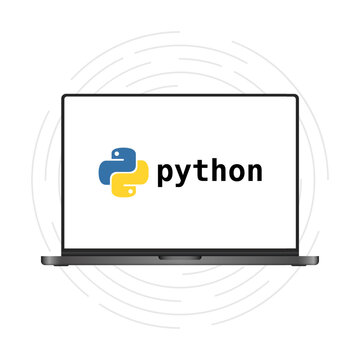 Python programming language logo. Laptop screen. Editorial Python logo. Vector icon