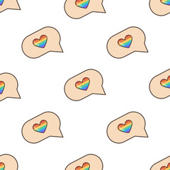 Lgbt rainbow heart in speech balloon, seamless pattern. Vector illustration in 70s retro clipart style