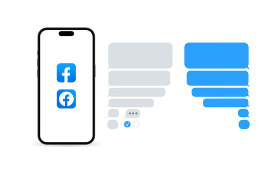 Facebook editorial logo icon. iPhone screen mockup template. Facebook social network message bubbles set. Vector icons