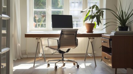 A minimalist home office with a sleek desk and ergonomic chair, bathed in natural light for a productive and inspiring work environment.