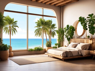 The interior of the hotel room with a view of the ocean for a beach holiday and travel