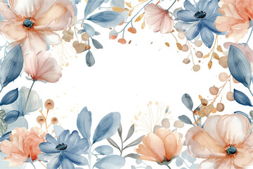 A collection of ethereal watercolor flowers in soft peach and blue tones graces a white background