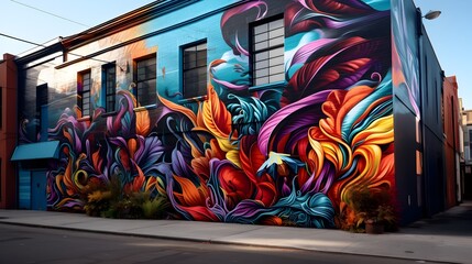 Vibrant and Hyper Street Art Mural Adorning a Colorful Neighborhood Building