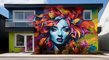 Vibrant Mural Adorning the Facade of a Colorful Neighborhood Building