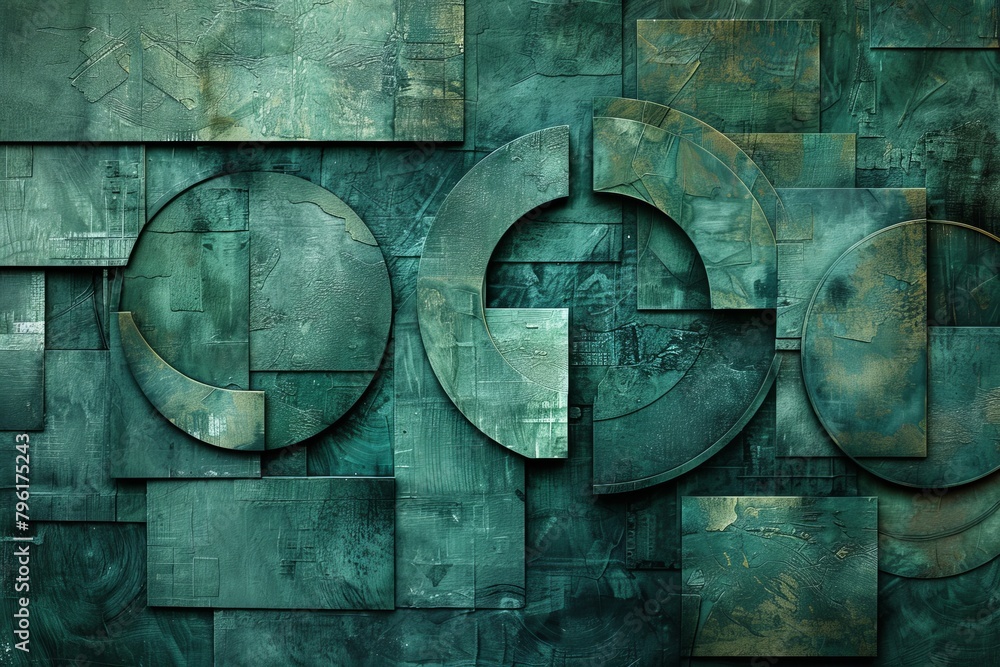 Poster geometric abstract, minimalist design features overlap of circles and squares in monochrome with sub