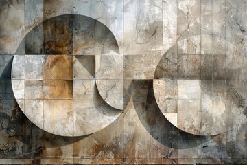 Geometric abstract design features overlapping circles, squares, monochromatic hues, subtle textures