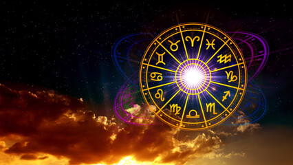 Concept of astrology and horoscope, person inside zodiac sign wheel, Astrological zodiac signs...