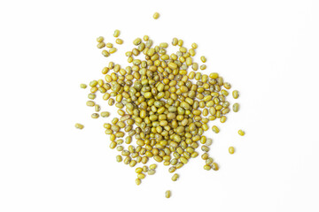 Green mung beans pile on white background. Dry mung beans grains. Top view