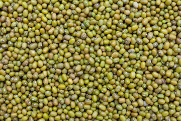 Uncooked, green mung beans background. Dry mung beans grains. Top view