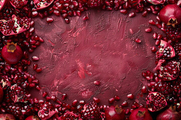 Square frame of pomegranate seeds jeweled fruit close up