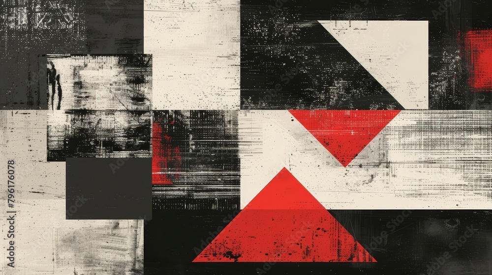 Poster geometric abstract with sharp angles, squares overlapping in monochrome, accented by a splash of red