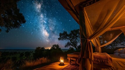 Marveling at a starfilled sky from the comfort of a plush bed with only the sound of a crackling fire in the distance. 2d flat cartoon.