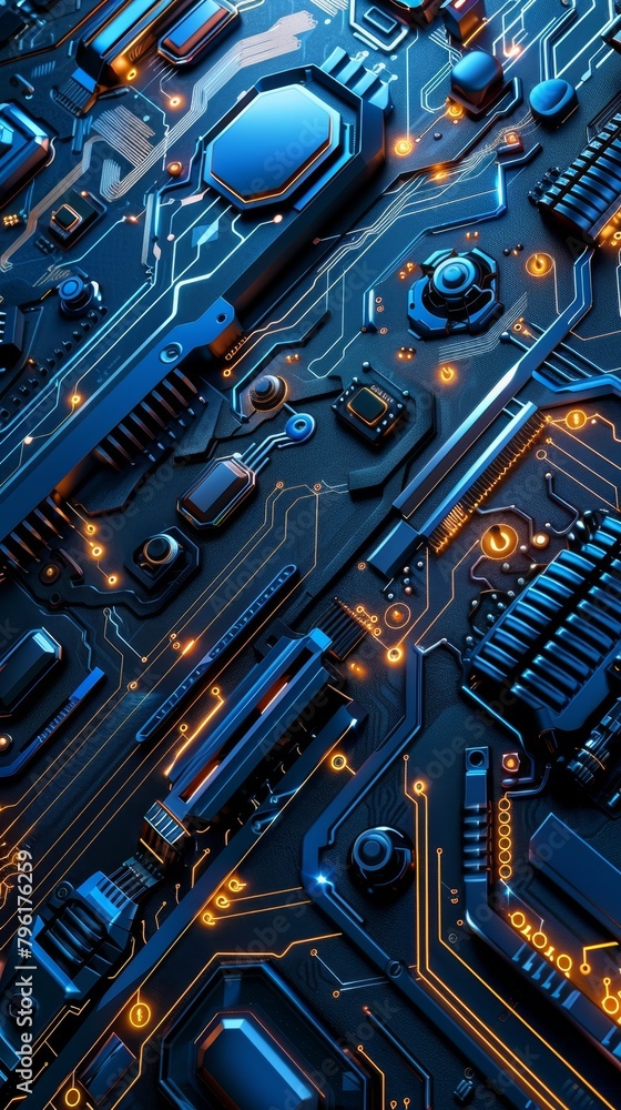 Poster circuit-inspired lines on a dark backdrop with blue and silver accents create a tech abstract vibe