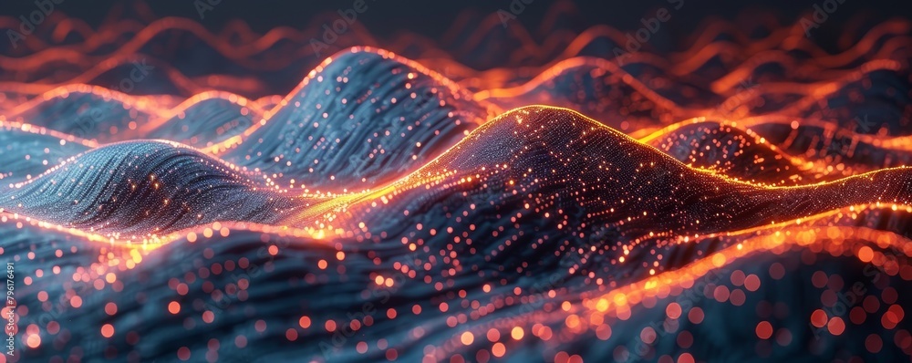 Poster technology abstract, digital landscape with flowing data streams, neon lines against a dark matrix