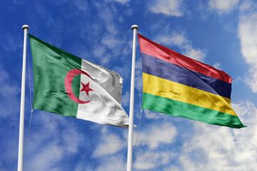 3d illustration. Algeria and Mauritius Flag waving in sky. High detailed waving flag. 3D render. Waving in sky. Flags fluttered in the cloudy sky.