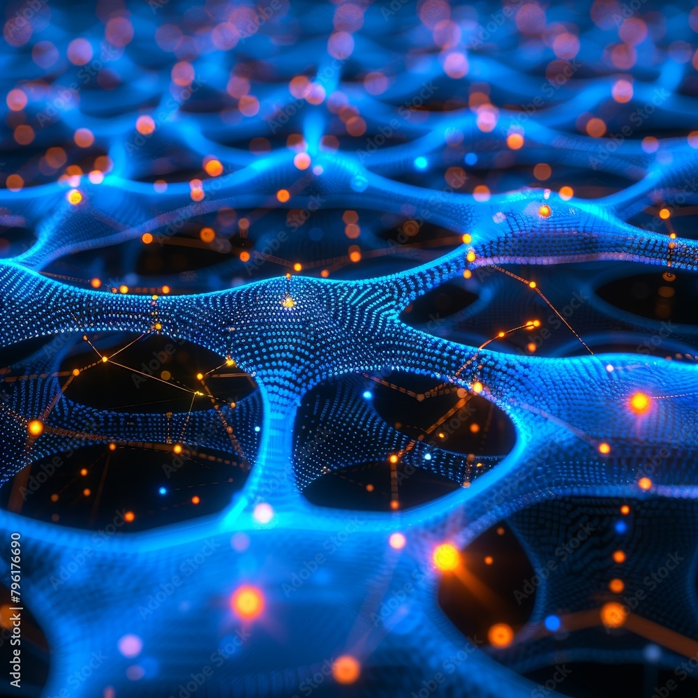 Poster blue networks interconnect nodes with laser beams against a dark backdrop in a technology abstract s