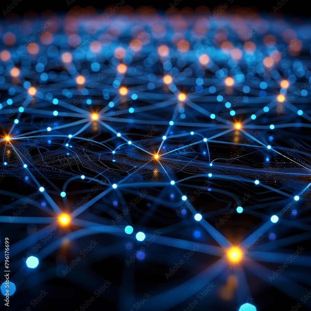 Poster glowing blue networks connect nodes with laser beams against a dark background, creating a technolog