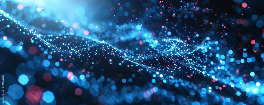Poster holographic interface elements in cool blue and white float in abstract technology space