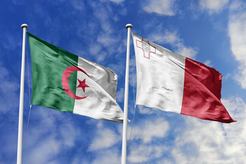 3d illustration. Algeria and Malta Flag waving in sky. High detailed waving flag. 3D render. Waving in sky. Flags fluttered in the cloudy sky.