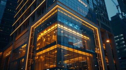 A modern office building glowing with warm golden lights, exuding an aura of elegance and professionalism that defines the corporate landscape of the city. - obrazy, fototapety, plakaty