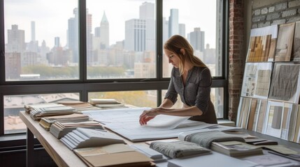 An interior designer is absorbed in evaluating various fabric samples spread across her studio table, with a backdrop of the cityscape outside. AIG41