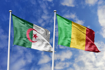 3d illustration. Algeria and Mali Flag waving in sky. High detailed waving flag. 3D render. Waving in sky. Flags fluttered in the cloudy sky.