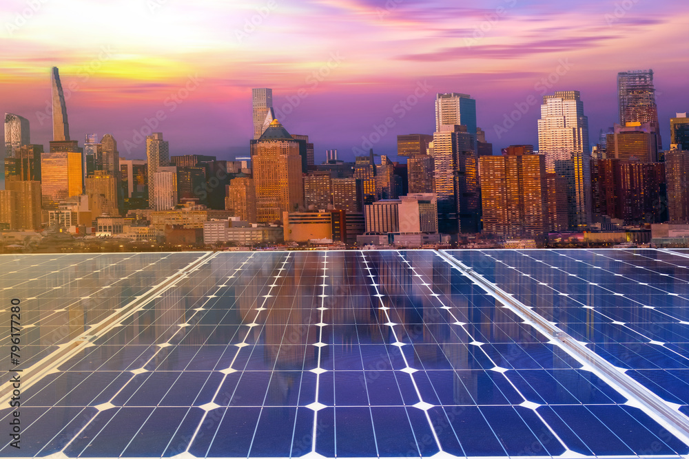 Wall mural Solar panel over cityscapes, solar power green energy for life concept,New York City USA,