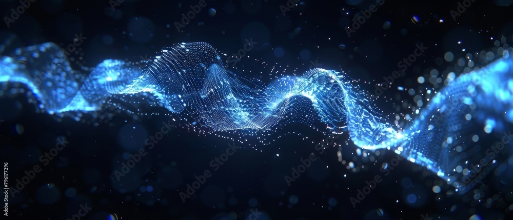 Poster abstract technology, sleek digital waveform glows in a dark setting, exuding high-tech vibes