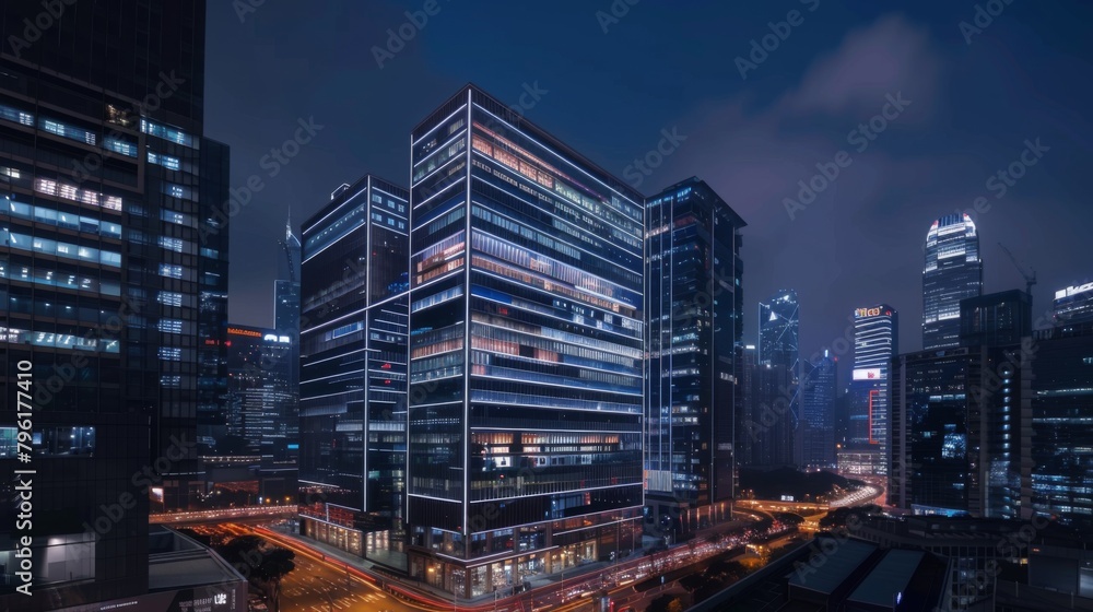 Aufkleber a modern office tower illuminated by dynamic led lights, showcasing innovative architectural design 