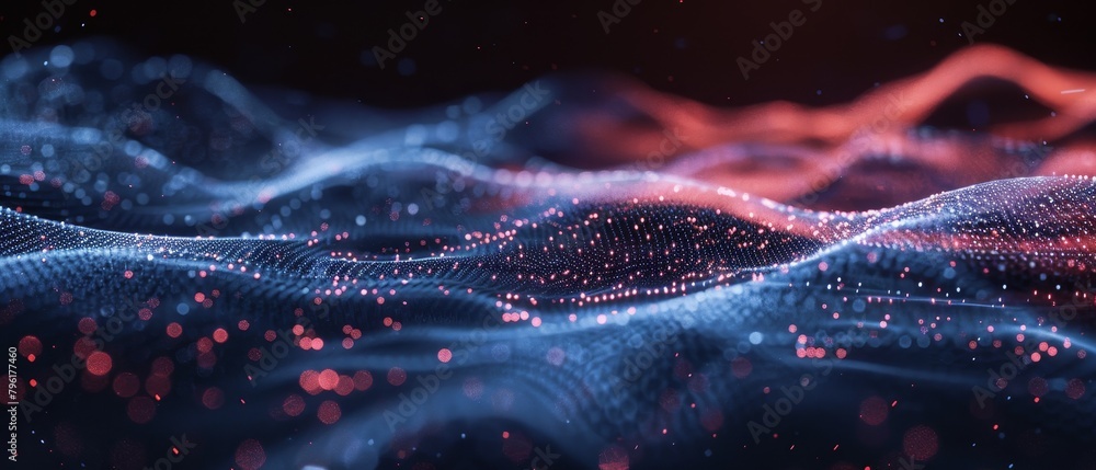 Poster abstract technology with sleek digital waveforms glows in a dark environment, exuding a high-tech fe