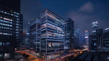 A modern office tower illuminated by dynamic LED lights, showcasing innovative architectural design and creating a striking visual landmark in the city skyline.
