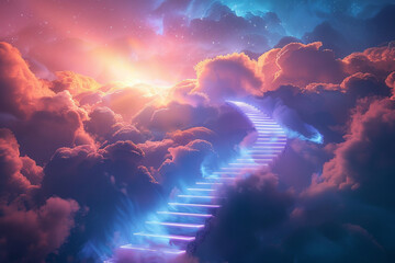 Stairway to heaven, light path, cloudscape, spiritual ascent 3D illustration - obrazy, fototapety, plakaty