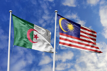 3d illustration. Algeria and Malaysia Flag waving in sky. High detailed waving flag. 3D render. Waving in sky. Flags fluttered in the cloudy sky.