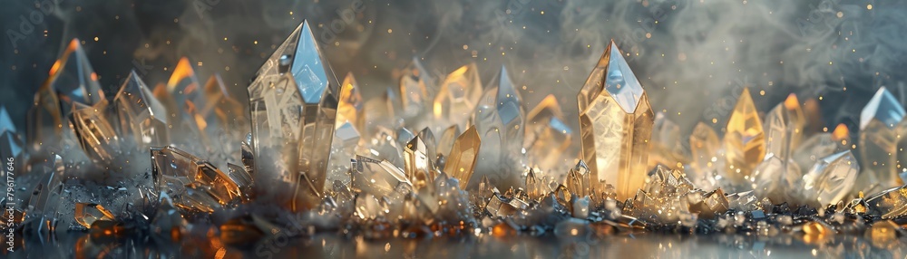 Poster translucent and reflective crystal-like structures adorn the virtual landscape in 3d abstraction