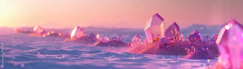 Poster explore a virtual realm filled with translucent, reflective 3d abstract crystal structures in the la