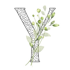 Letter Y, floral monogram with watercolor leaf. Letterhead, initial perfectly for wedding invitation, greeting card, logo, poster and other design. Holiday design hand painting.