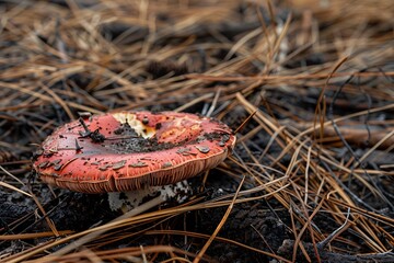 russula mushroom in ground with dry pine needles, forest harvest concept, pick up mushroom, nature wallaper banner background - obrazy, fototapety, plakaty